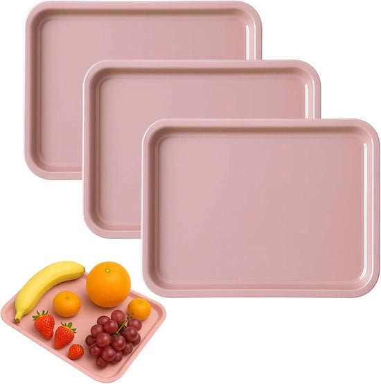 Set di 3 Piatte di Servizio in Plastica Antiscivolo per Colazione - 3 Pezzi - Rosa - 24,8 x 17,8 cm