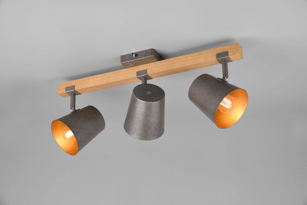 BELL BARRA 3 SPOTS ORIENTABILI LEGNO NATURALE DIFFUSORI METALLO ACCIAIO ANTICATO INTERNO ORO L. 54CM ATTACCO E14