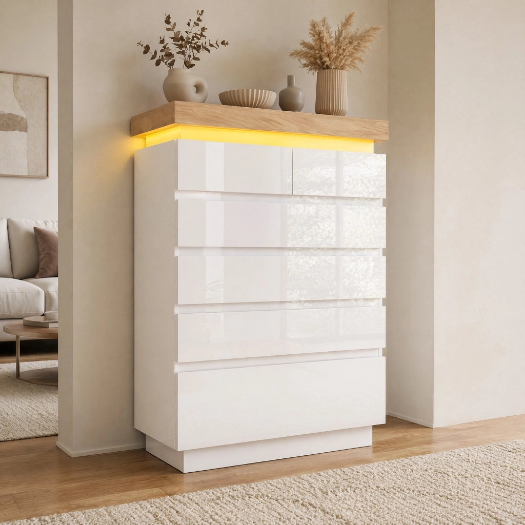 Comodino alto lucido con 6 cassetti e LED, credenza multiuso in bianco 115 x 73 x 39 cm