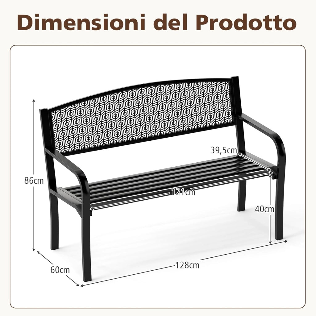 Panca da Esterno 2-3 Posti 128 cm, Panca in Metallo con Braccioli Curvi e Schienale alla Moda, Panchina Moderna in Metallo per Parco, Cortile e Giardino (Nero, 128 x 60 x 86.5 cm)