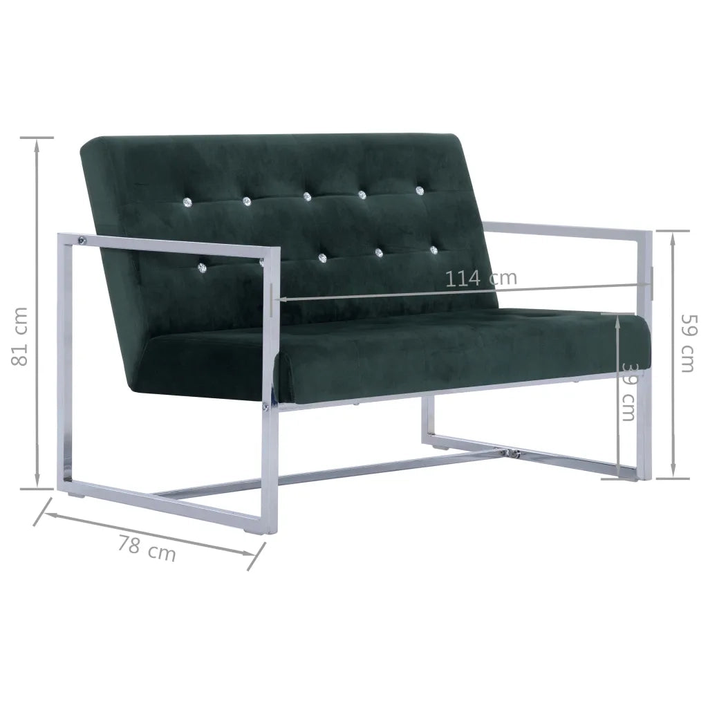 Divano a 2 Posti con Braccioli-Sofa 2 Posti Verde Scuro Cromato e Velluto