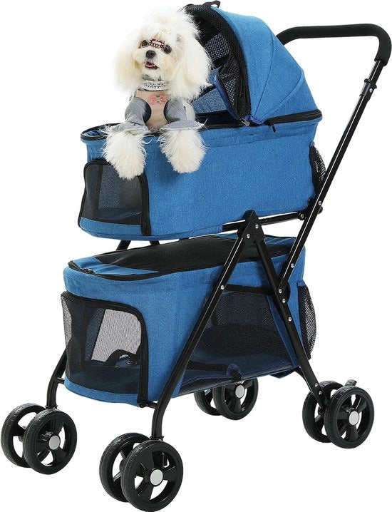 Carriolo per cani 2 livelli - Capacità di carico: 27 kg - Carriolo per cani pieghevole - Carrello per cani - Blu - 48x87x104 cm