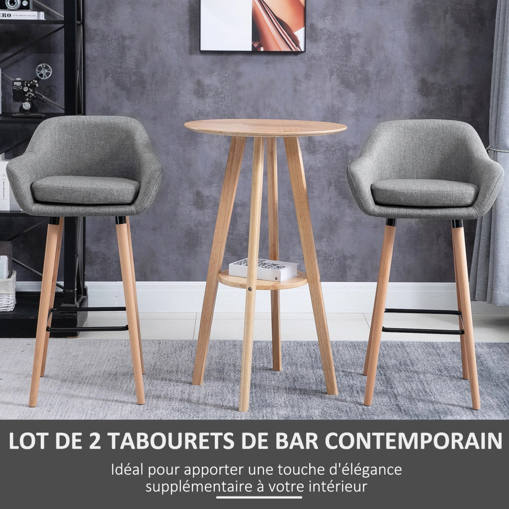 Sgabelli da Bar Scandinavi ¨C Xylo ¨C Set di 2 con Braccioli e Poggiapiedi, Legno Massello e Lino Grigio Scuro