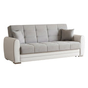 Divano letto Dike, Divano letto contenitore a 3 posti in ecopelle e tessuto, SofÒ  da soggiorno in tessuto imbottito con apertura click-clack, Cm 220x84h91, Bianco e Grigio