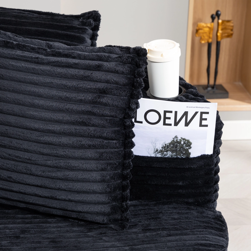 Divano lineare con portabicchieri e tasche laterali - in tessuto a coste nero