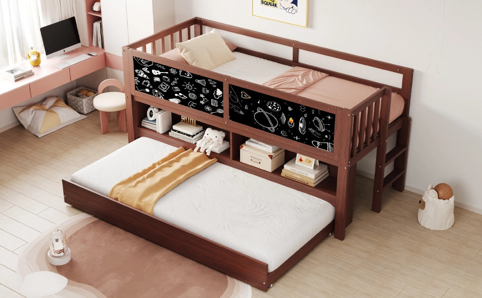 DESMIU Letto Bambino 1 Posto con Letto Estraibile, Lavagna, Scaffali e Scaletta 90 × 200 cm, Senza Materasso