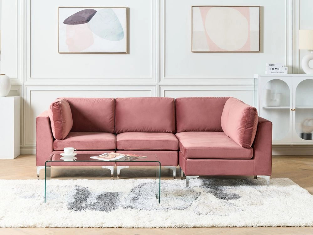 Divano ad angolo componibile versione sinistra a 4 posti in velluto rosa con gambe in metallo argento stile glamour