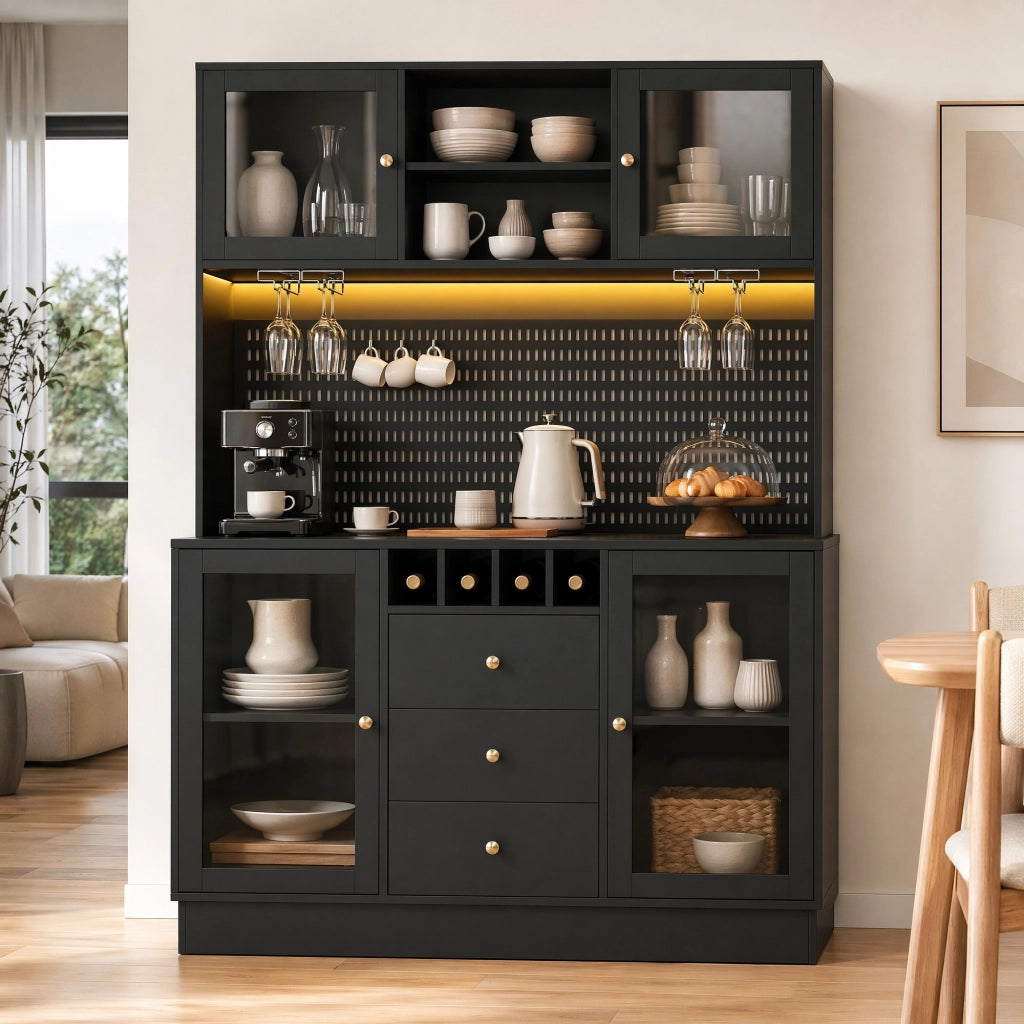 Credenza con LED controllata da app, ripiani regolabili, portabottiglie e portasbicchieri in MDF e vetro nero 140 × 40 × 185,7 cm