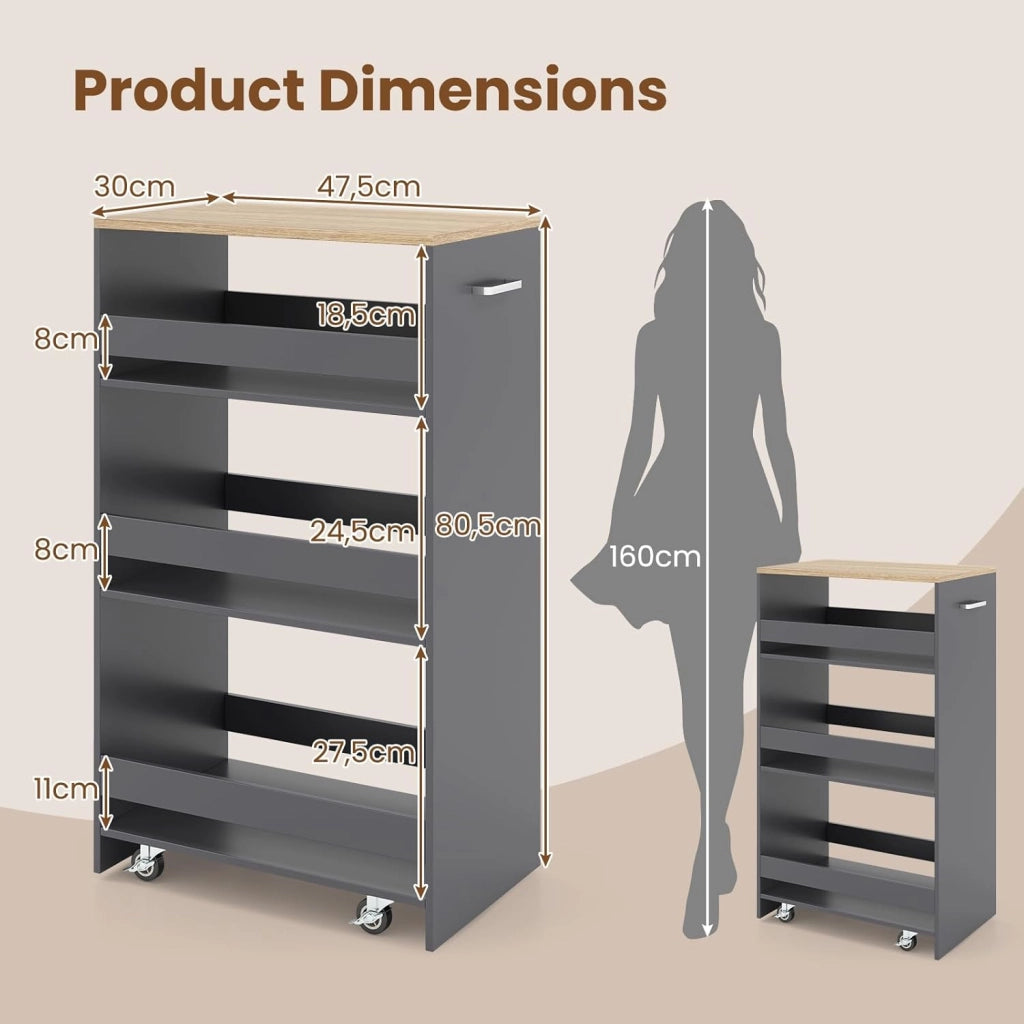 Carrello per Nicchia con Ruote, 4 Livelli，Carrello di Servizio Stretto Salvaspazio, da Bagno, Scaffale da Cucina Sottile 47,5 x 13 x 80,5 cm (Naturale+Grigio, Largo 30 cm)