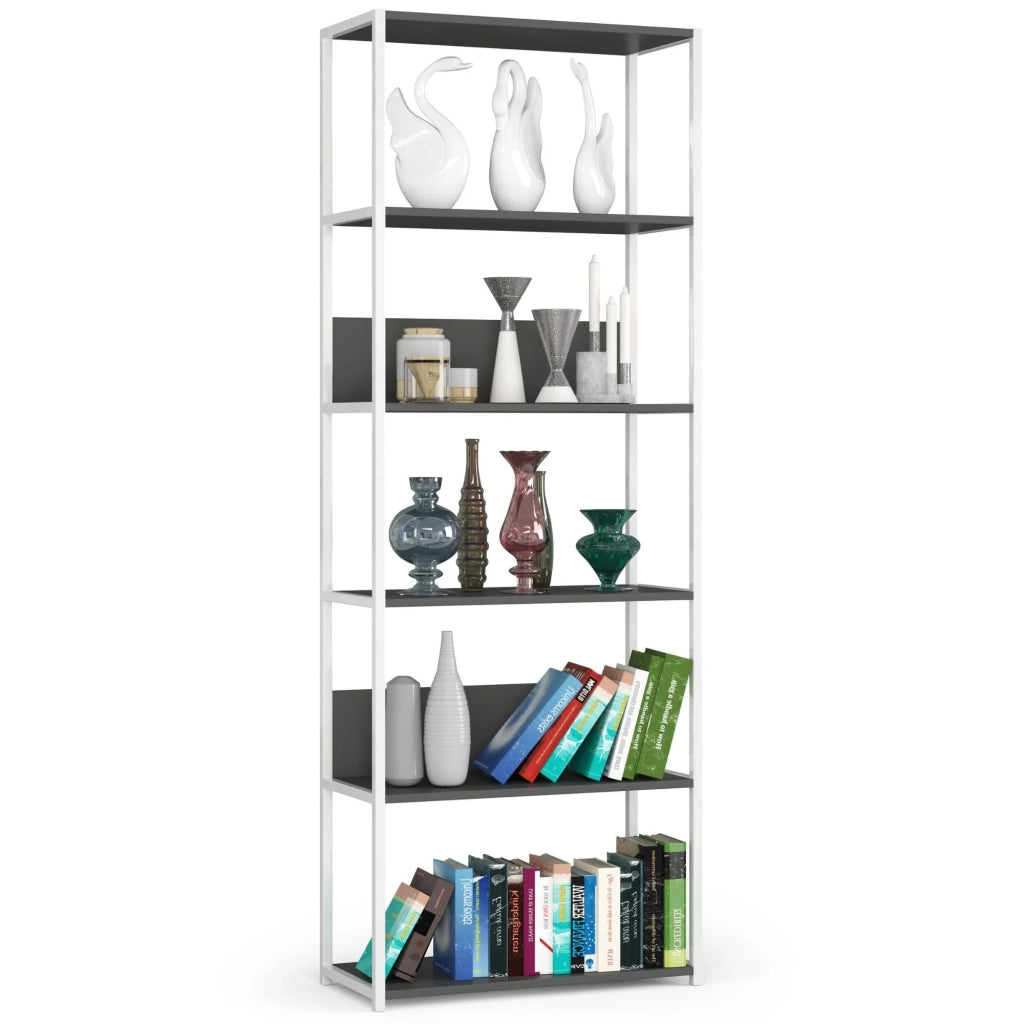 Scaffale stilo loft con ripiani in legno 70 cm Bianca 70 cm inserto frontale Grigio 70x32x192 cm