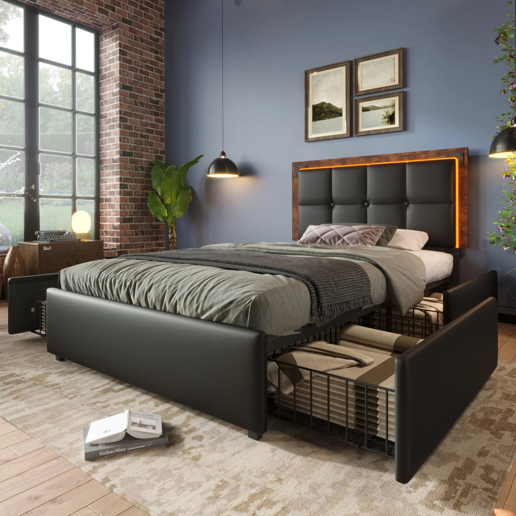 Letto singolo imbottito 90x200 cm in PU nero con LED; testiera regolabile e 4 cassetti