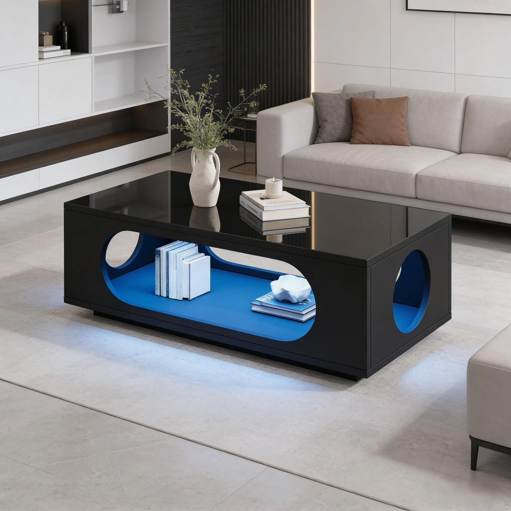 Tavolino lucido, illuminazione a LED, 100 x 50 x 35 cm, in MDF, con design traforato, nero