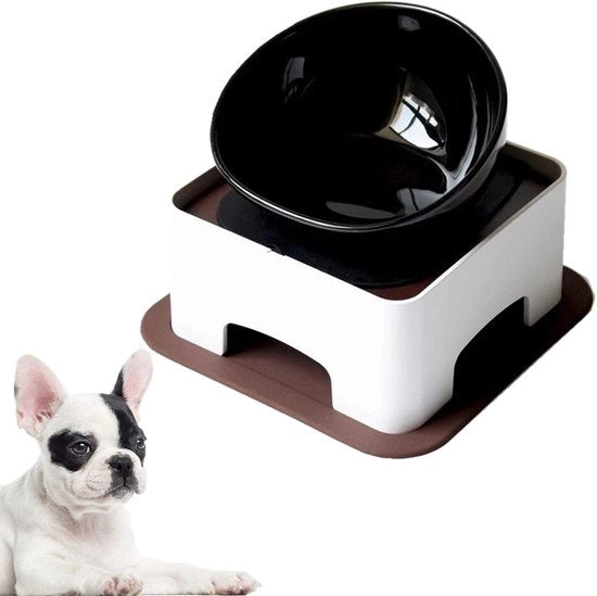 Ciotola Bulldog ceramica per cane e gatto, apertura ampia, sterile, inclinata, con piastra antiscivolo in gomma (colore nero + standard (1,5 tazza))
