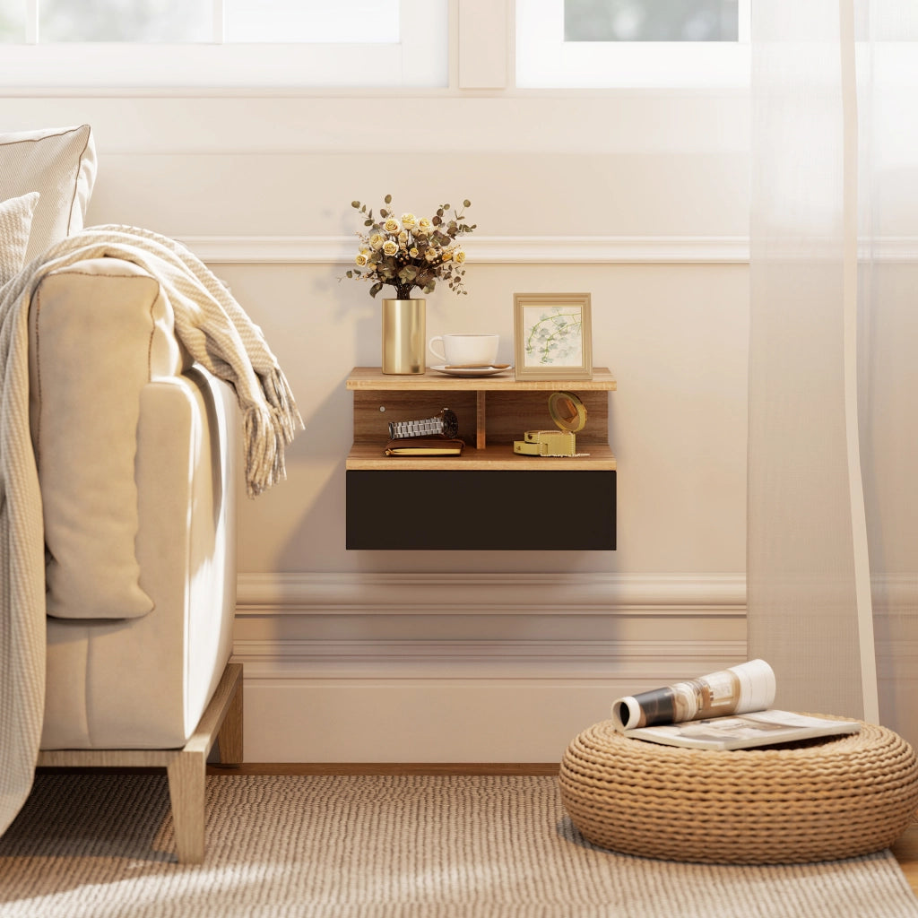 Set di 2 Comodini Sospesi 35x32x22,5 cm con Cassetto e Mensola Aperta in Legno Nero e Rovere