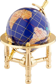 Tavolo da disegno miniaturizzato 152 cm con superficie blu lapis ocean e pietra mondo in cristallo, con supporto unico in oro.