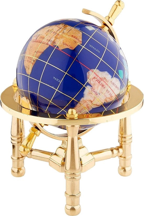 Tavolo da disegno miniaturizzato 152 cm con superficie blu lapis ocean e pietra mondo in cristallo, con supporto unico in oro.
