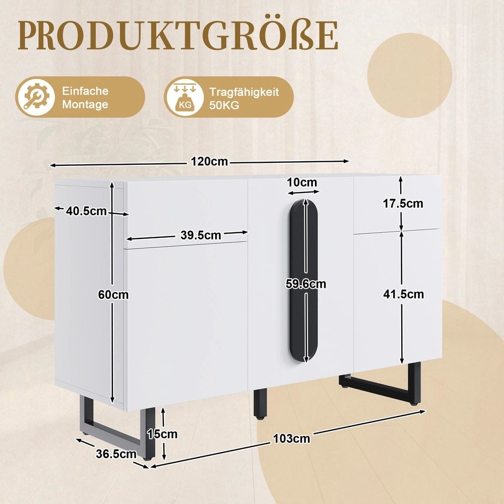 Credenza 120 cm con Cassetti e Ante ¨C MINIMAL ¨C Bianco con Maniglie Nere e Gambe in Metallo
