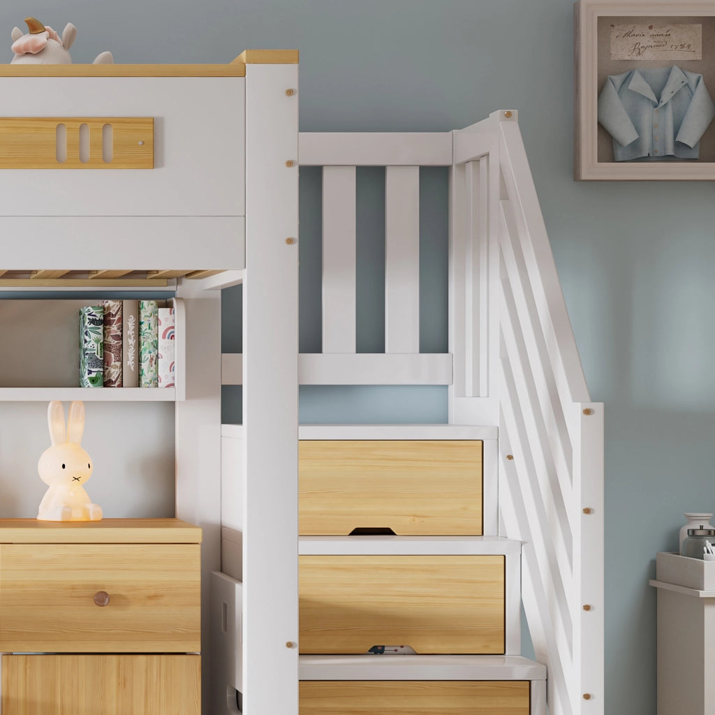 Letto a Soppalco 90x200 cm - Scrivania; Cassetti e Scala Contenitore - Bianco