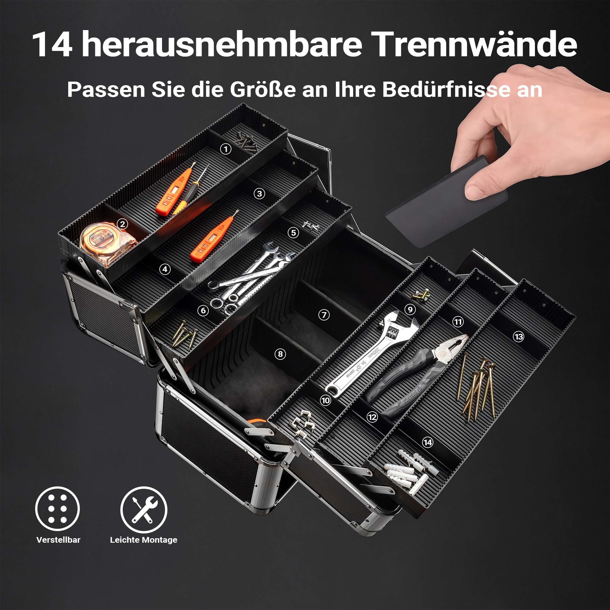 Cassetta attrezzi vuota in alluminio con 2 chiavi, valigetta universale per attrezzi 45 x 32 x 22,5 cm, hobby, lavoro, cassetta portautensili con separatori,