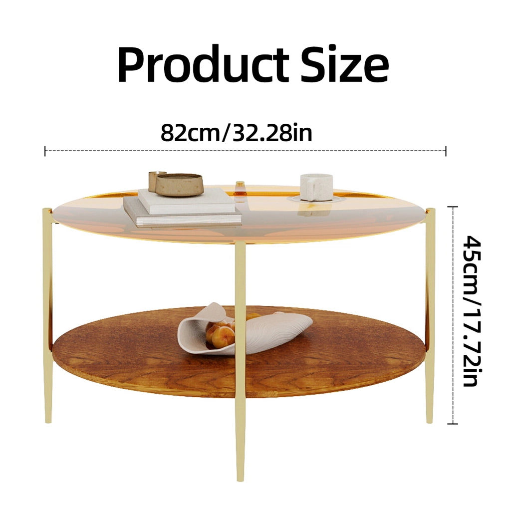 Tavolino da caffè con piano in vetro e base in legno - per soggiorno - Ø 82 cm - oro