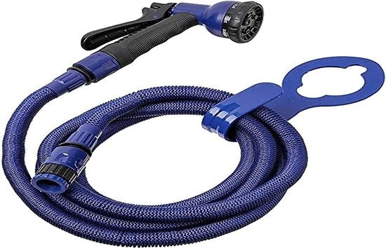 Serpentino flessibile 7,5 m, leggero, pistola da giardino con 8 posizioni, connessione universale, cavo interno 3/4"-1/2" e occhiello di fissaggio. Blu