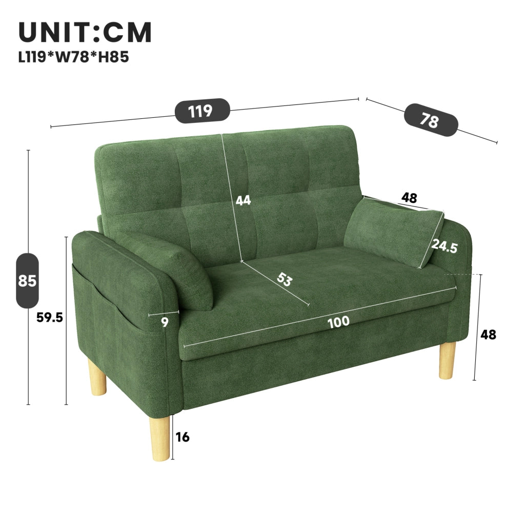 Sofa a 2 posti in chenille verde con 2 cuscini; 119 x 78 x 85 cm