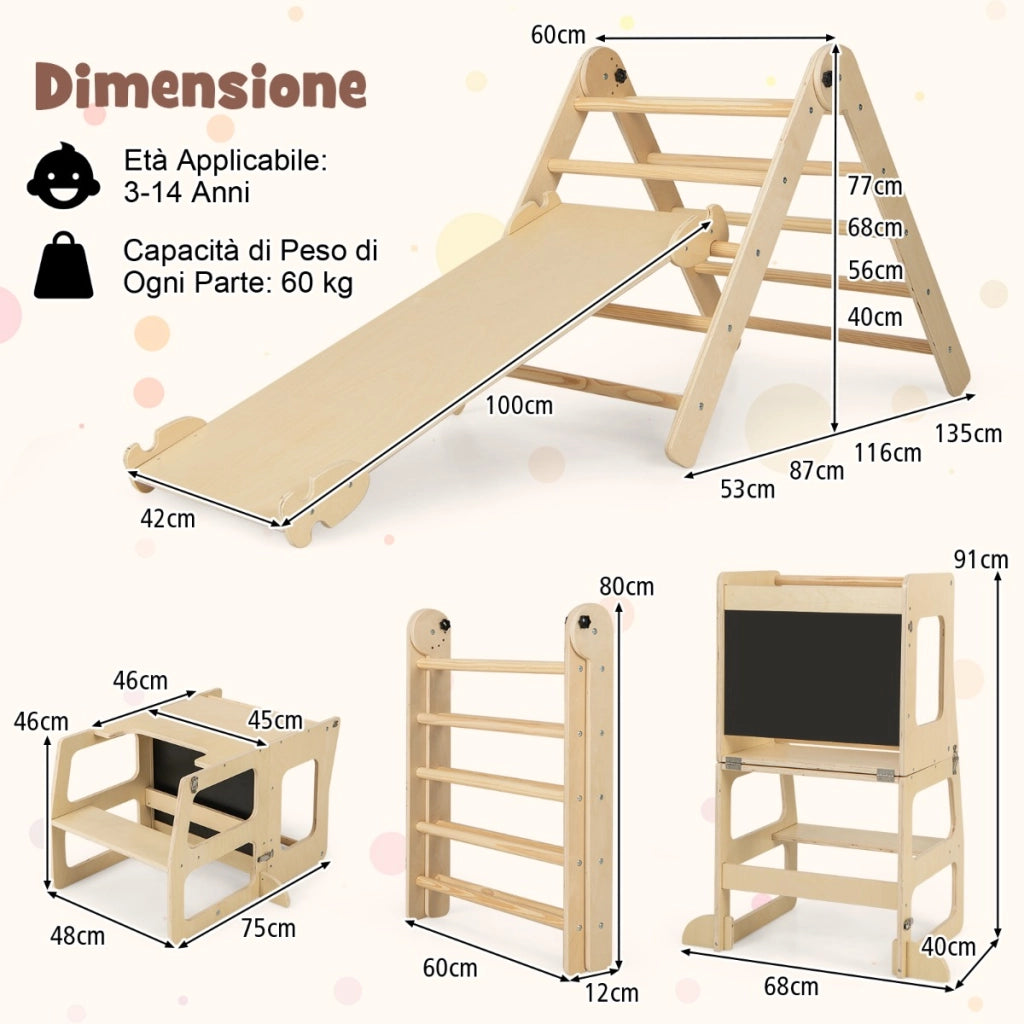 Set di giochi da arrampicata per bambini 7-in-1, Struttura da arrampicata pieghevole con rampa reversibile Naturale-Arrampicate e scivoli