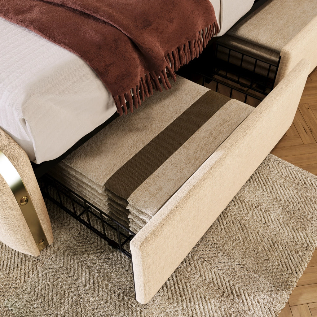 Letto matrimoniale 140x200 cm in lino beige con testiera USB Type-C e 4 cassetti