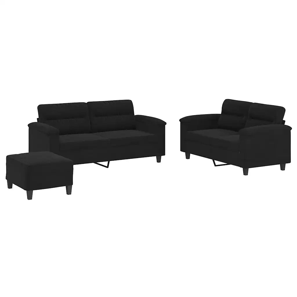 Set Divani 3 pz con Cuscini Nero in Tessuto Microfibra