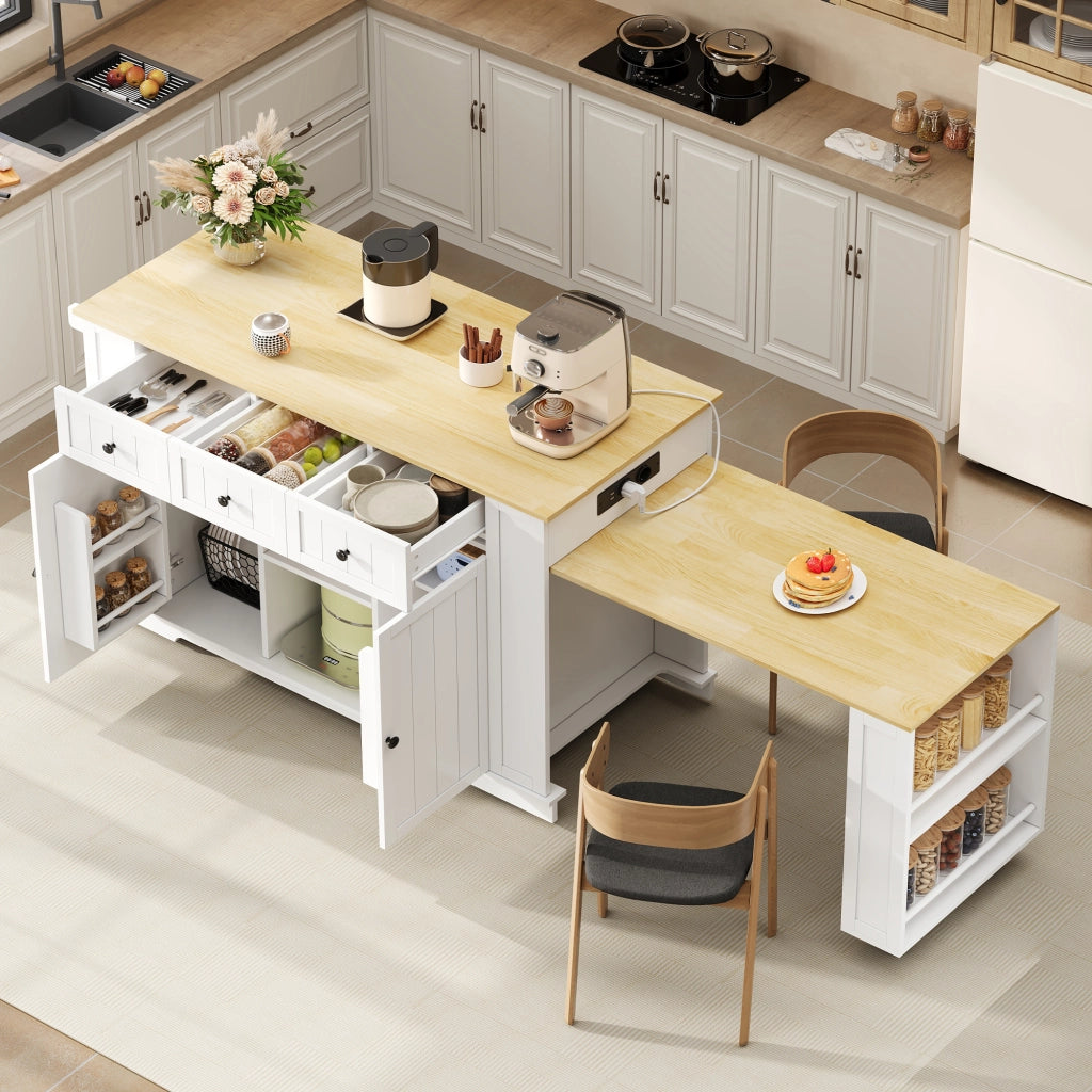 Isola da Cucina Mobile 138/213x55x93 cm con Tavolo Estensibile; 7 Ruote; 2 Prese; 2 USB e Cassetti