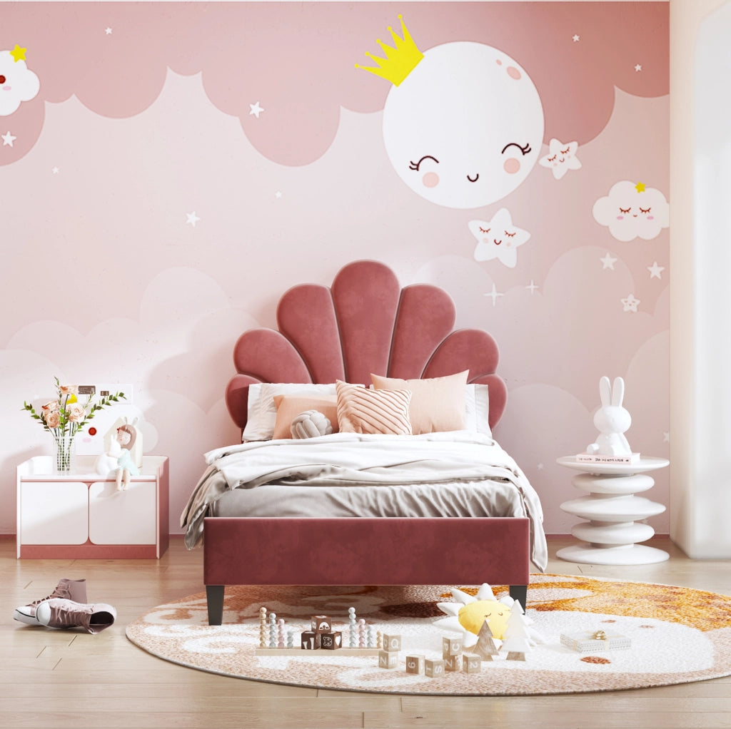 Letto imbottito 90x200 cm con testiera a fiore rosso