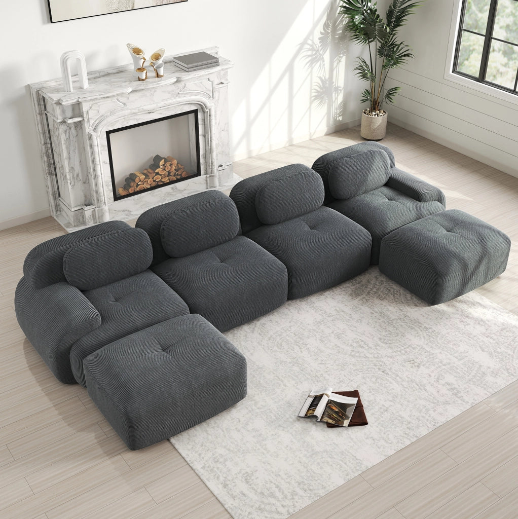 Divano a U modulare 388x178x70 cm in velluto a coste grigio, senza montaggio