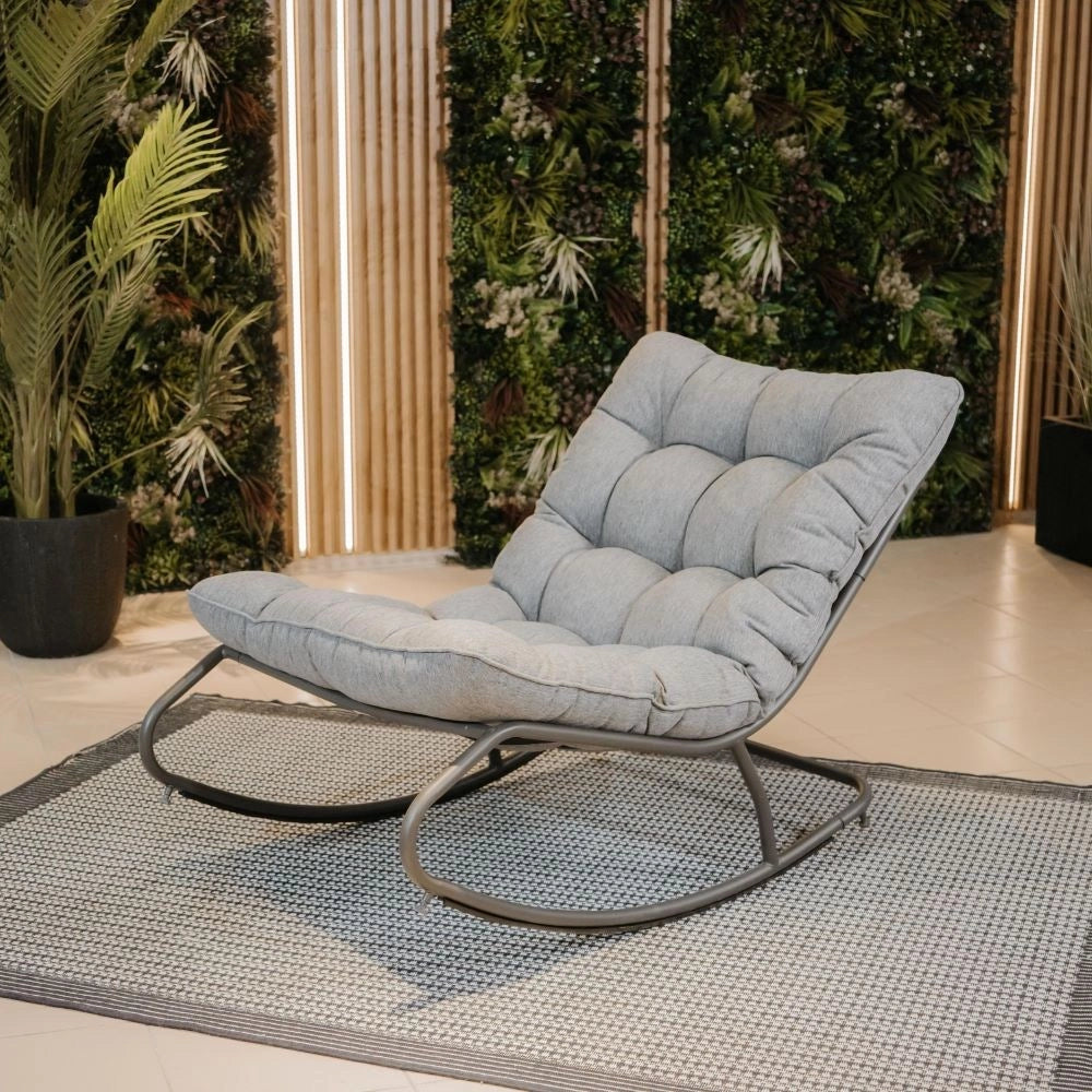 Poltrona a dondolo VIBE giardino con cuscino acciaio nero grigio 115 cm