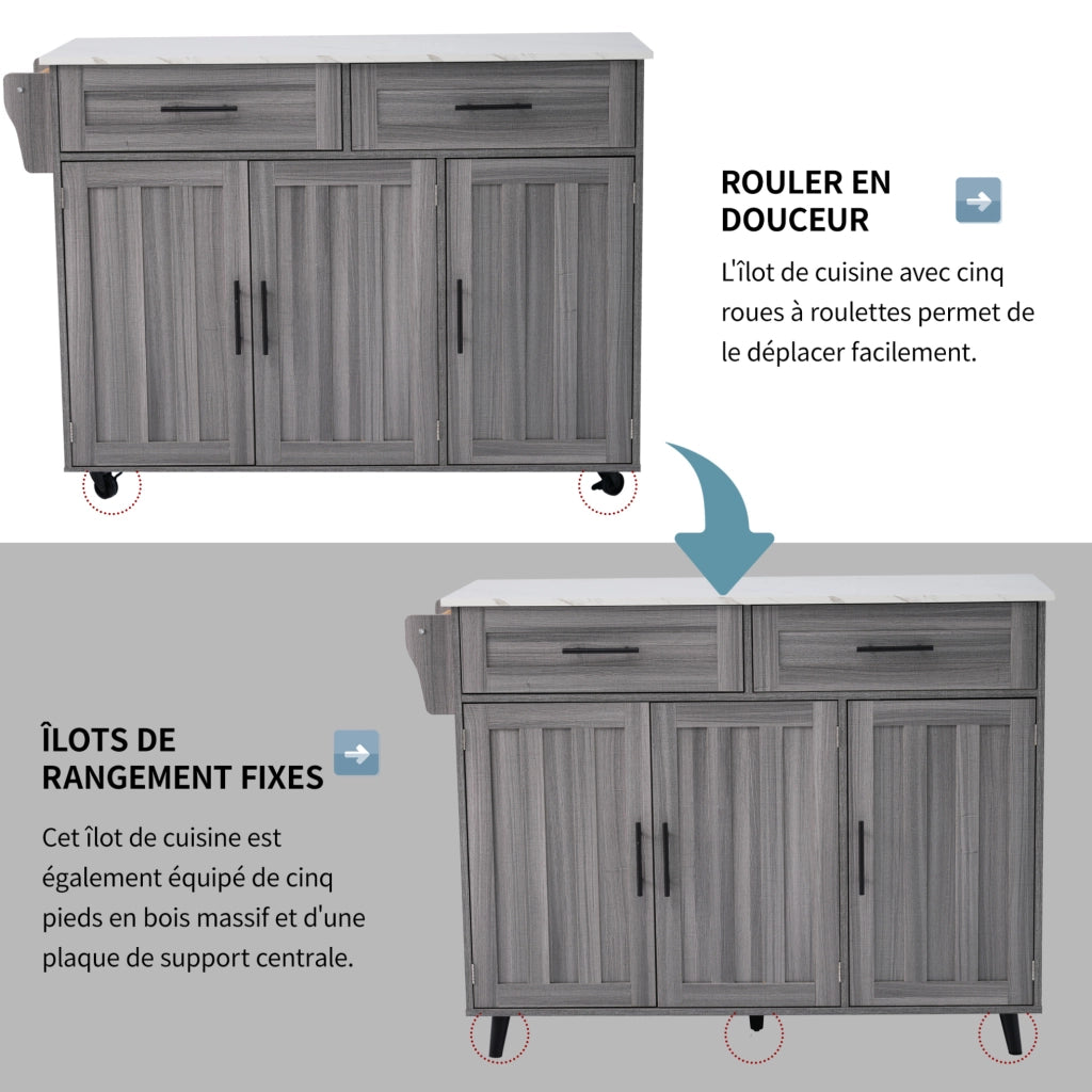 Carrello da cucina con piano pieghevole 129x46(71)x91;5 cm in MDF bianco e grigio