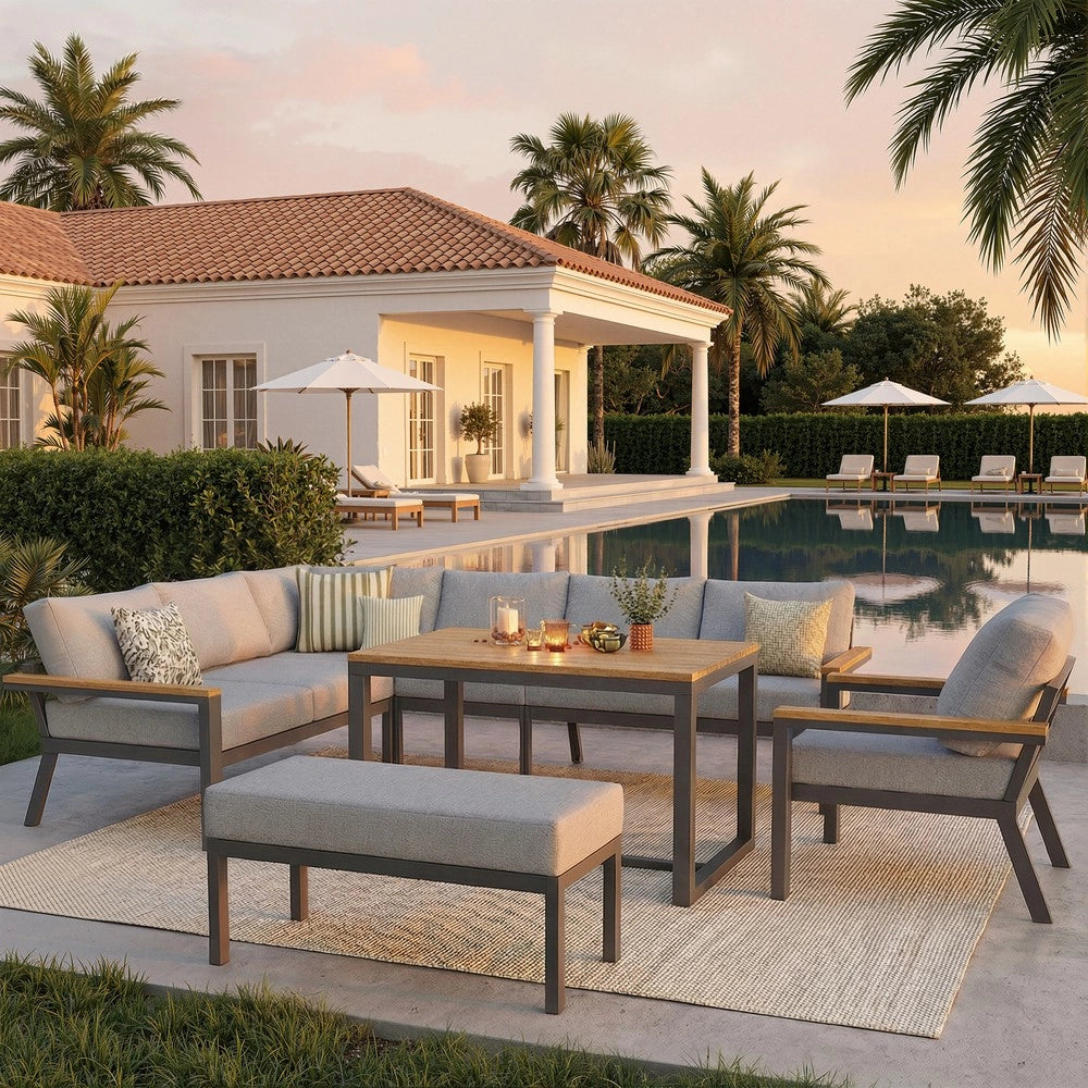 Set Divano da Giardino ad L 8 Posti con Tavolo in Legno ¨C Xylo ¨C Polyrattan Grigio, Ferro