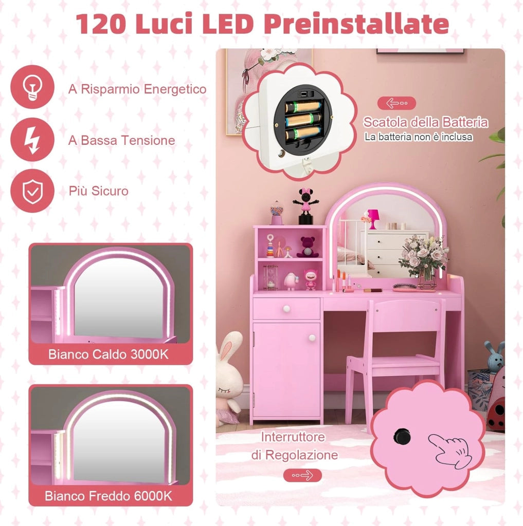 Toeletta Trucco 2 in 1 per Bambina, Specchiera per Ragazza in Legno con Mensole, Cassetto, Ripiani e Luci LED Regolabile, Postazione Trucco per 3 Anni, 80 x 40 x 94 cm (Rosa)