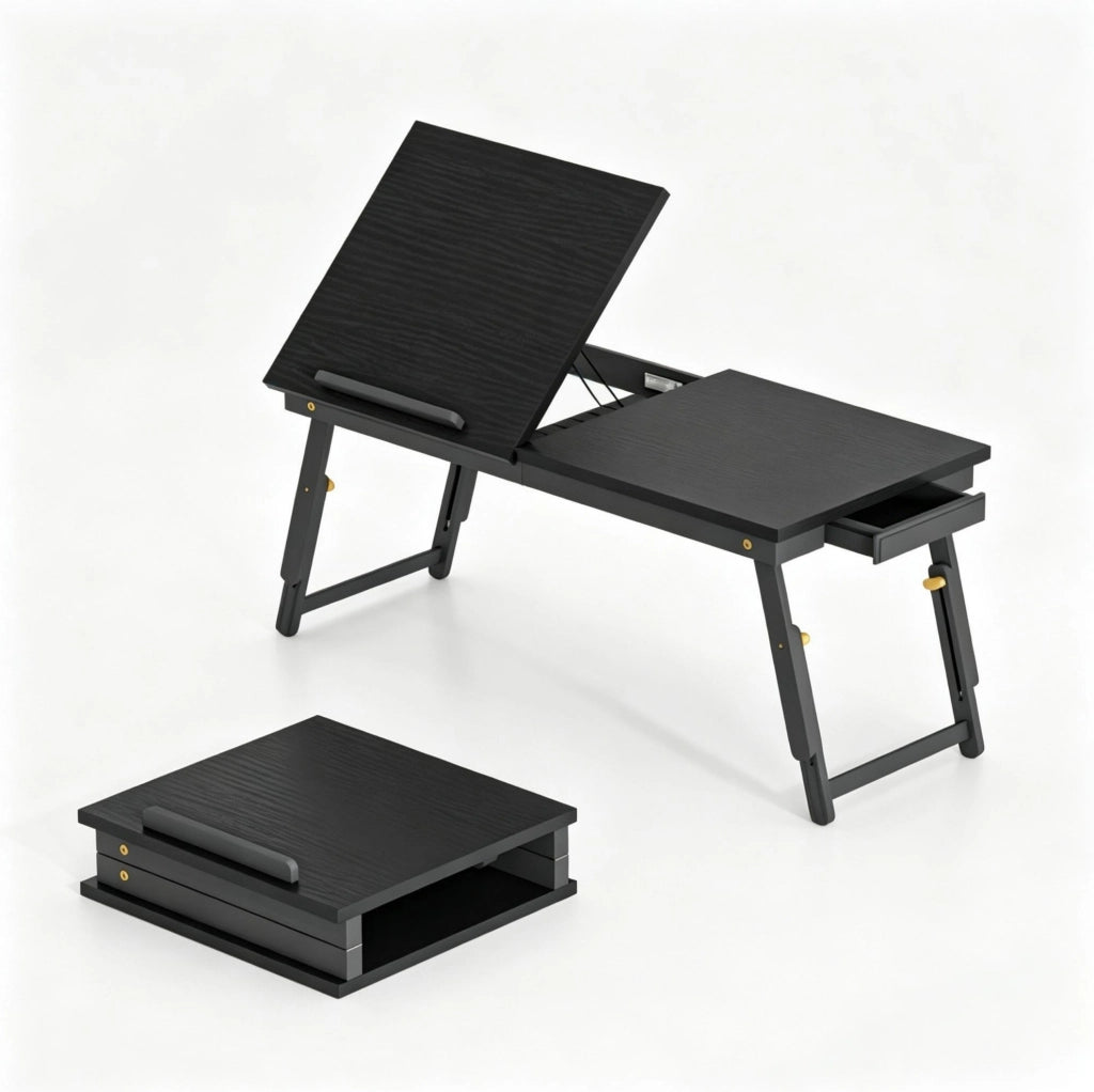 Tavolino da letto pieghevole e regolabile in bambù con piano inclinabile 70x33 cm nero