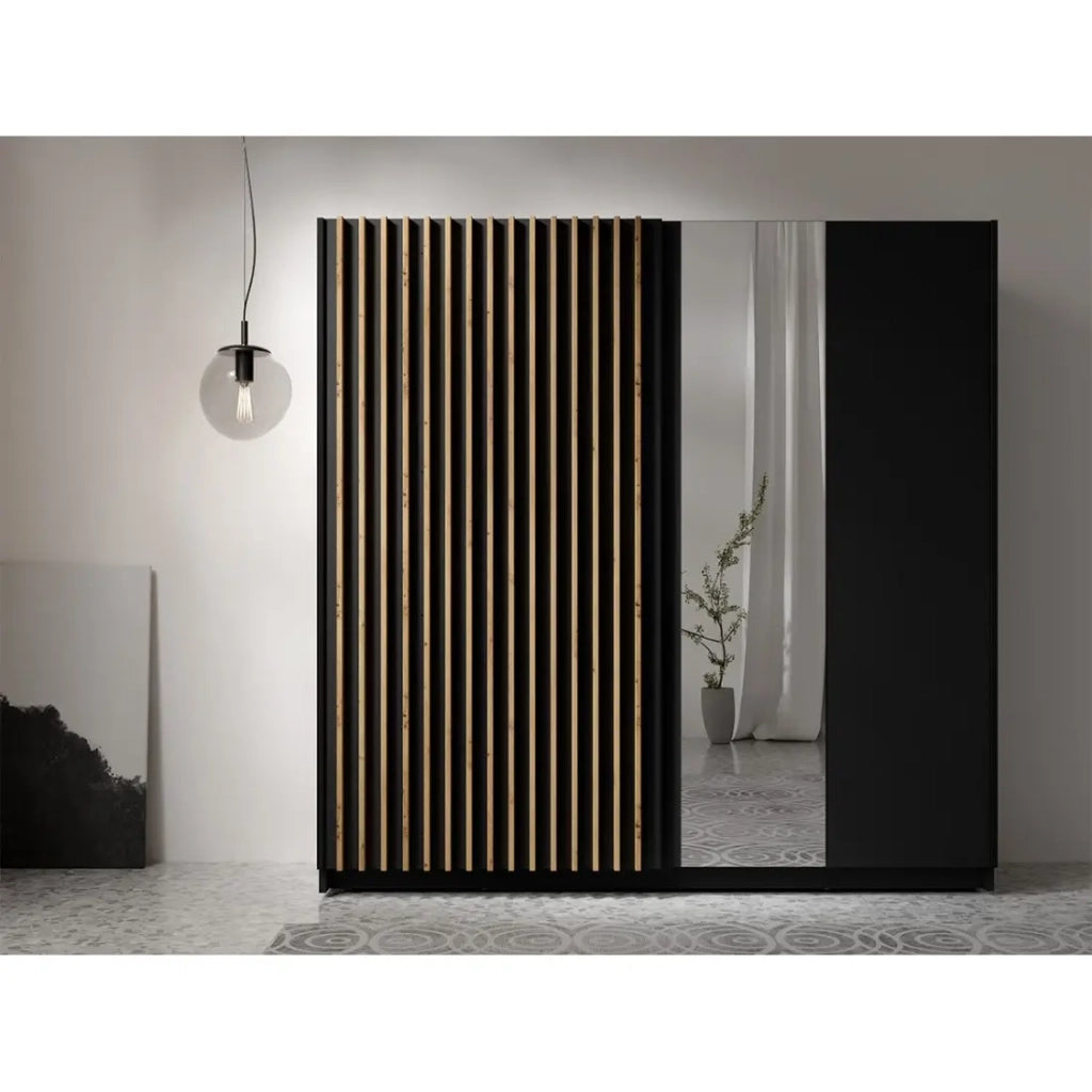Armadio con 2 porte scorrevoli e specchio 200 cm - nero e rovere - Collezione STRANO
