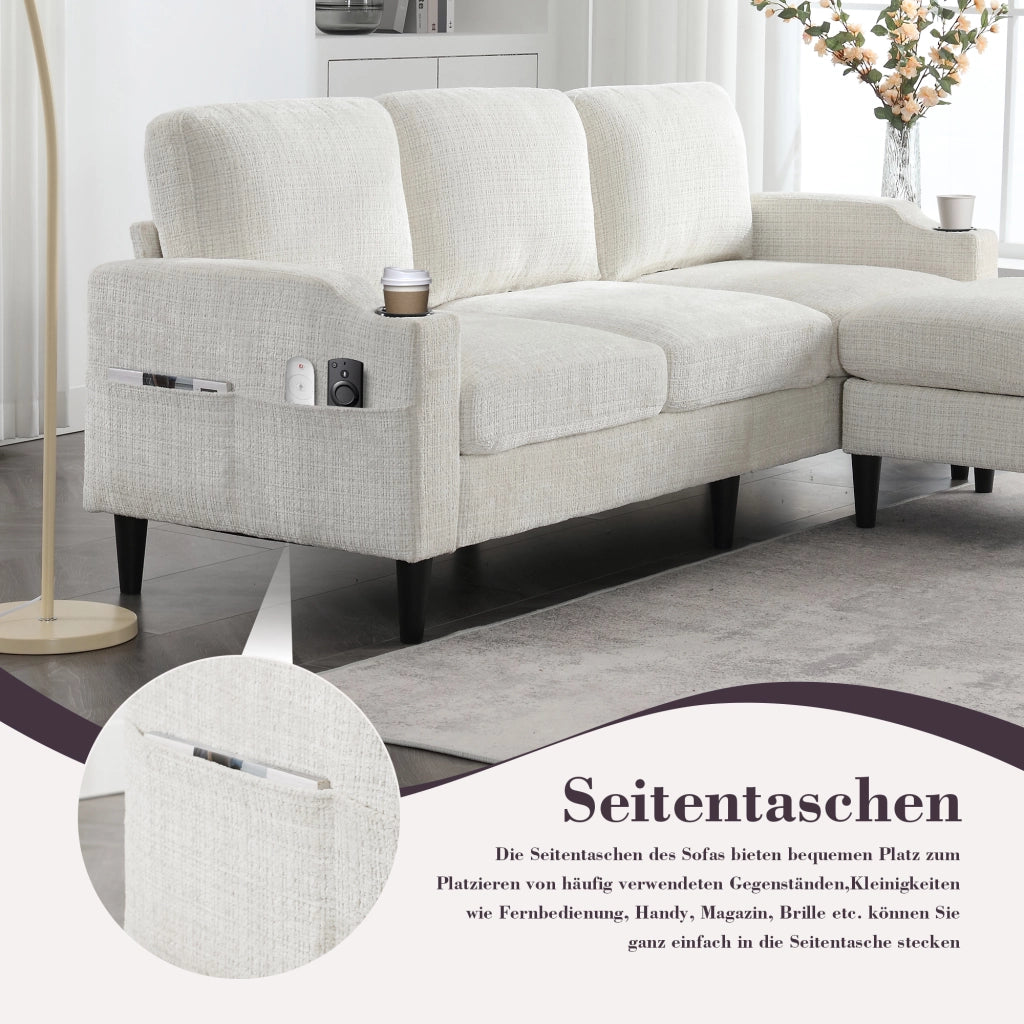 OKWISH Divano Lineare 4 Posti con Pouf Contenitore, Portabicchieri e Tasche Laterali, Ciniglia Beige