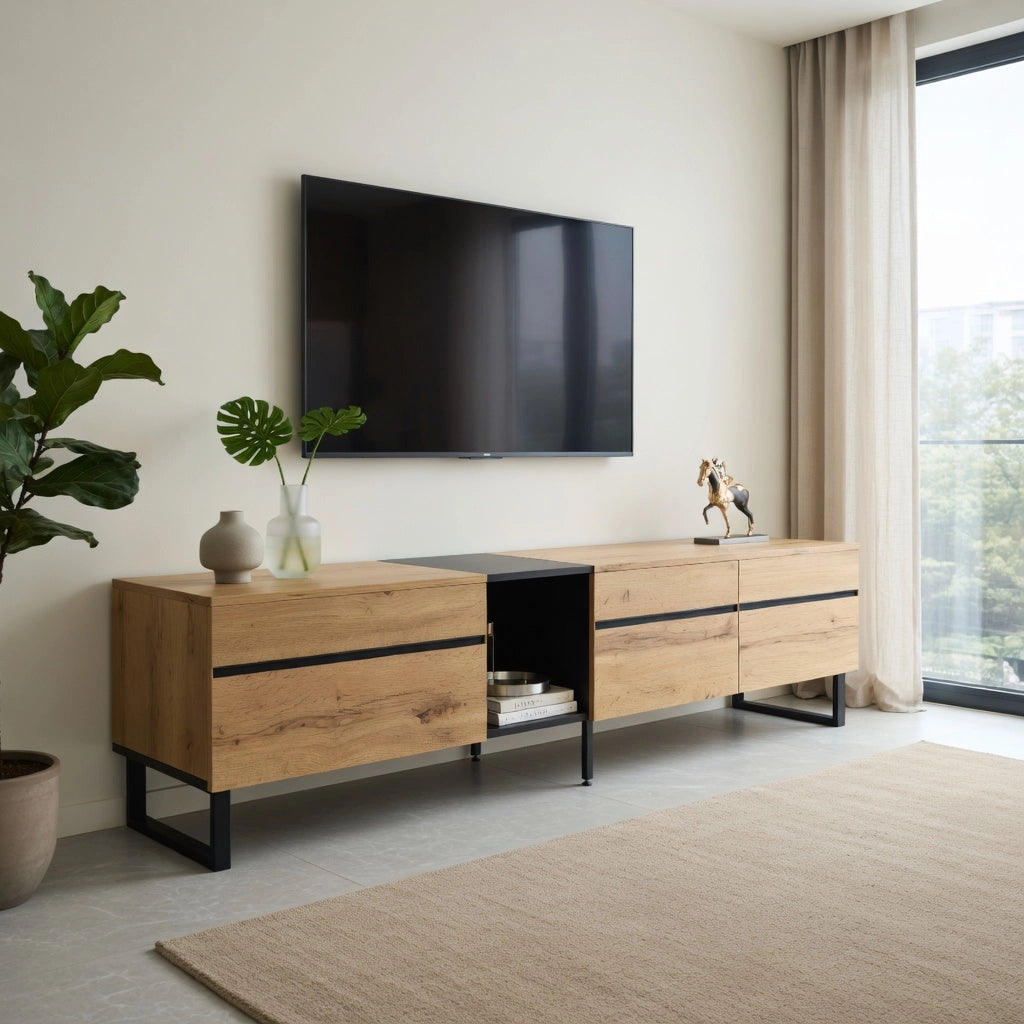 Cassettiera TV in truciolato color legno 180 cm