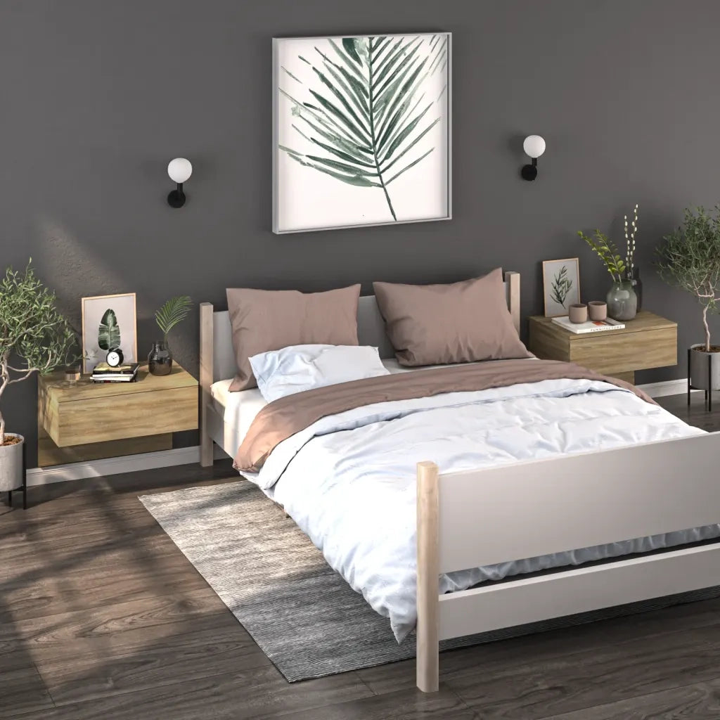 Set di 2 Comodini | Armadio da Notte | Mobiletto da notte a Muro Rovere Sonoma