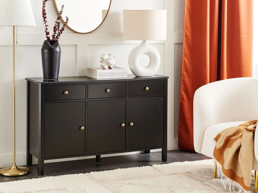 Credenza a tre ante MDF cassetti nero e pomelli oro madia comò moderno soggiorno corridoio camera da letto