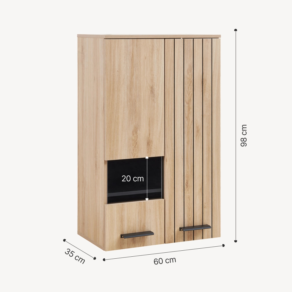 Mobile Pensile Noppen a Parete con 2 Ante e Finestrella 98 x 60 x 35 cm - Effetto Rovere [en.casa]