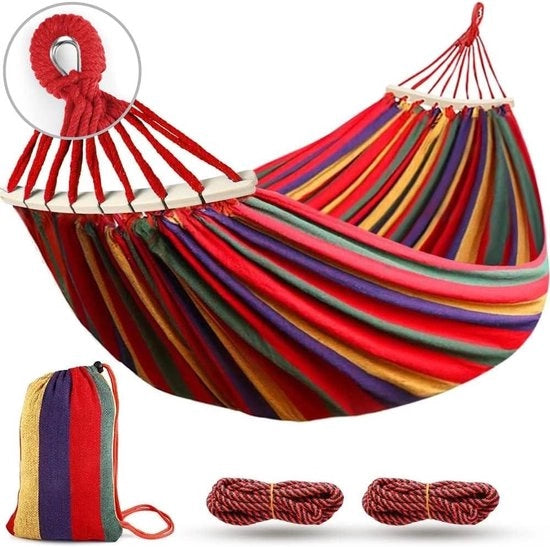 Hammock da Camping all'aperto con Barre di Spiegamento, Tessuto di Canapa Spesso e Duro e Nodo Metallico Solido, Capacità di Carico 550 kg per Giardino Esterno - Rosso