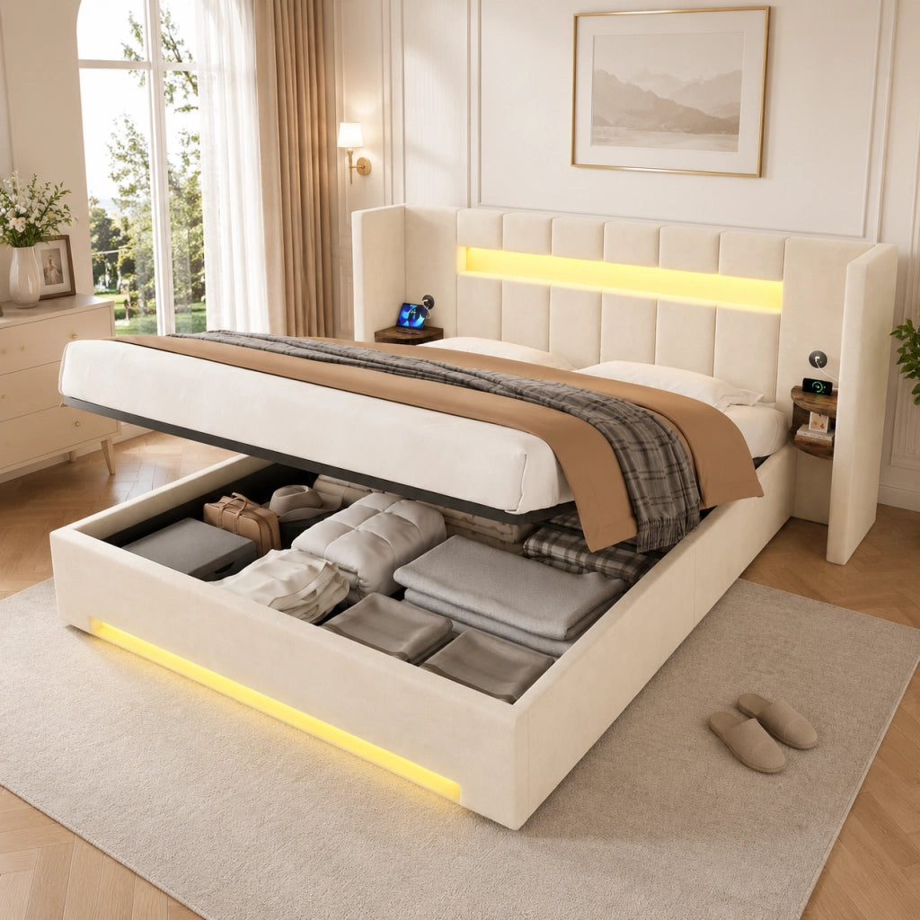 LETTO Contenitore 180x200 cm in velluto beige con LED, USB e cassetti laterali