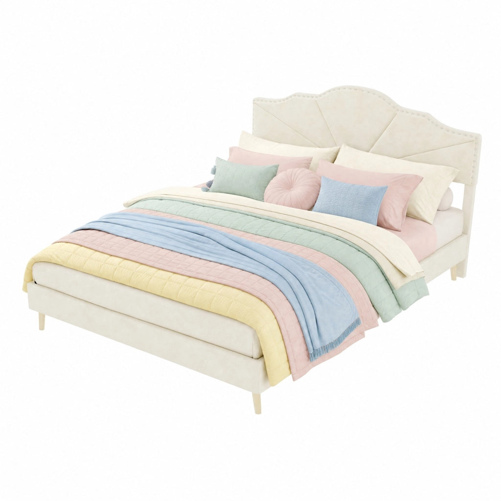 Letto imbottito con testiera geometrica 160 x 200 cm; rivestimento beige