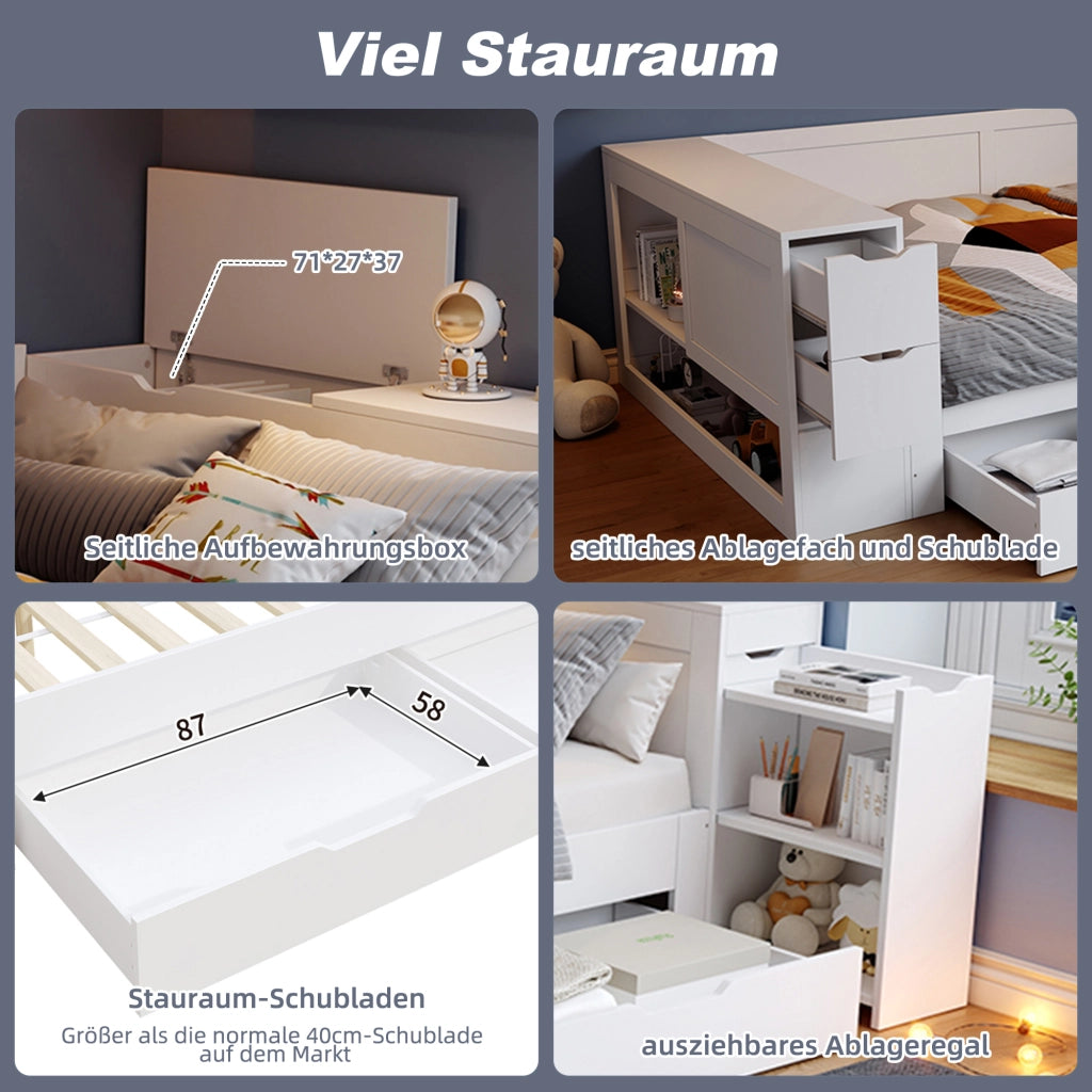 OKWISH Letto a Divano 140×200 cm, Letto Matrimoniale con Cassetto Grande, Ripiani e Armadietti Contenitore, senza Materasso, in MDF, Bianco