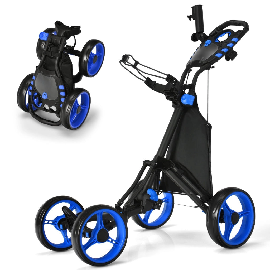 Carrello da golf a spinta e a trazione con borsa impermeabile e freno a pedale, Carrello pieghevole a 4 ruote Blu-Golf