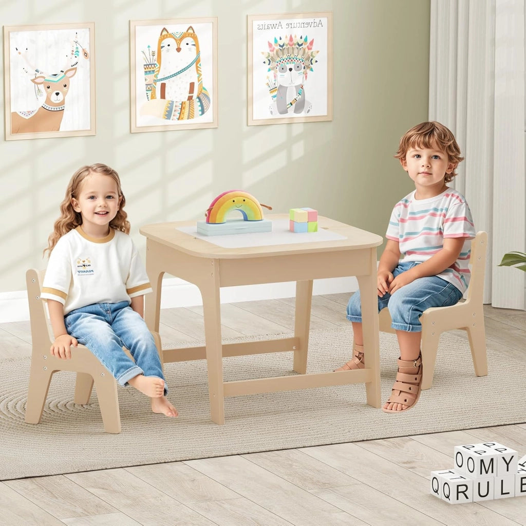Set Tavolo e 2 Sedie per Bambini, con Lavagna Reversibile, Tavolo Multiattività con Vano Portaoggetti Nascosto e Sedie, per Bambini da 3-6 Anni, per Cameretta e Soggiorno (Giallo)