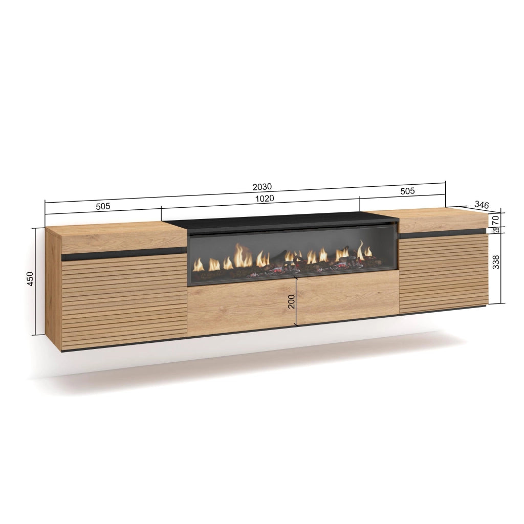 Mobile TV Soggiorno, 200x35x45cm, Per TV fino a 80", Camino elettrico, da appendere, colore Rovere RF3317